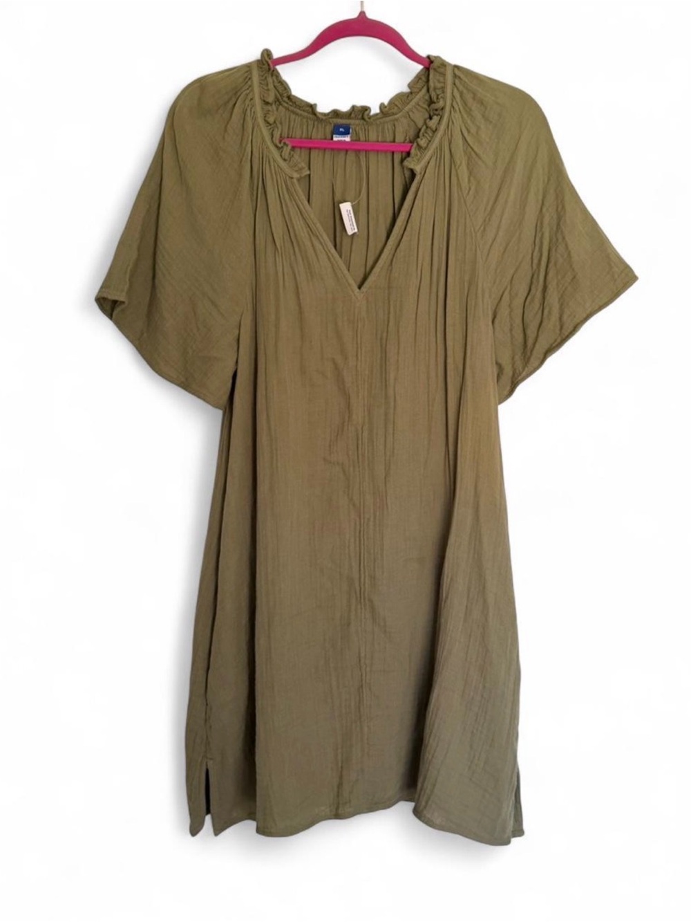NWT Old Navy Olive green crinkle gauze mini dress with ruffle neckline Size XL